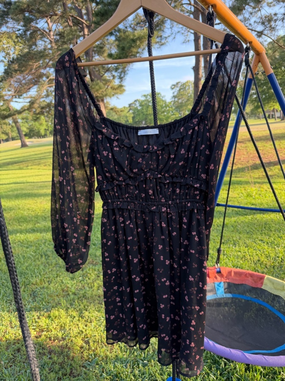 Lush Black Floral Mini Dress NWT Long Sleeve Ruffle Boho Babydoll Small - Picture 4 of 8
